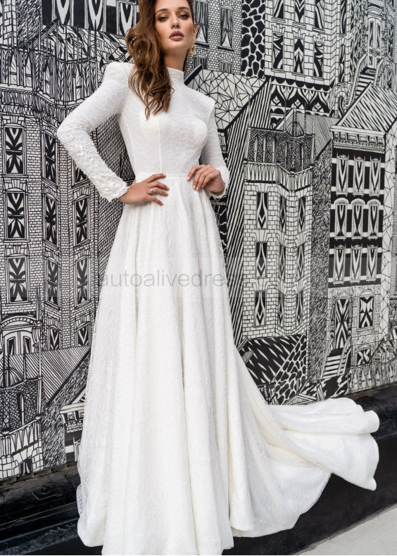 High Neck Ivory Lace Open Back Minimalist Wedding Dress High Neck Ivory Lace Open Back Minimalist Wedding Dress